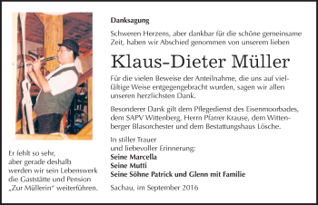 Traueranzeige von Klaus-Dieter Müller von Mitteldeutsche Zeitung Wittenberg