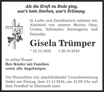 Traueranzeige von Gisela Trümper von Super Sonntag Bernburg