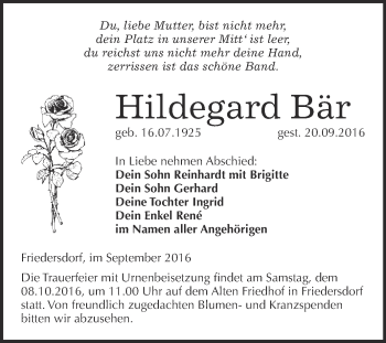 Traueranzeige von Hildegard Bär von WVG - Wochenspiegel Bitterfeld