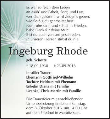 Traueranzeige von Ingeburg Rhode von Mitteldeutsche Zeitung Halle/Saalkreis