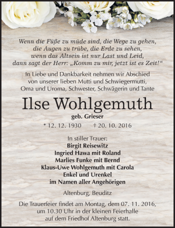 Traueranzeige von Ilse Wohlgemuth von Mitteldeutsche Zeitung Naumburg/Nebra