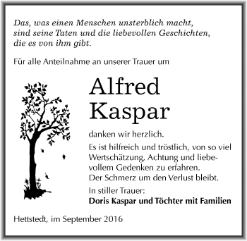 Traueranzeige von Alfred Kaspar von Mitteldeutsche Zeitung Mansfelder Land