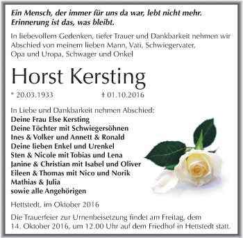 Traueranzeige von Horst Kersting von Mitteldeutsche Zeitung Mansfelder Land