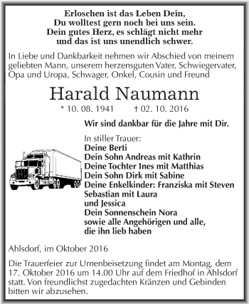 Traueranzeige von Harald Naumann von Wochenspiegel Mansfelder Land