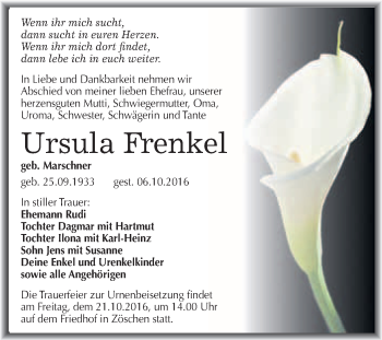 Traueranzeige von Ursula Frenkel von WVG - Wochenspiegel Merseburg