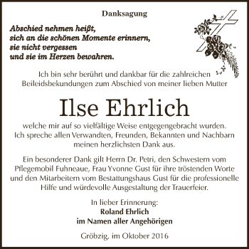 Traueranzeige von Ilse Ehrlich von WVG - Wochenspiegel Dessau / Köthen