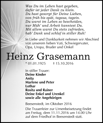 Traueranzeige von Heinz Grasemann von Mitteldeutsche Zeitung Halle/Saalkreis