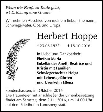 Traueranzeige von Herbert Hoppe von Mitteldeutsche Zeitung Halle/Saalkreis