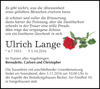 Traueranzeige von Ulrich Lange von Super Sonntag SGH Mansf. Land