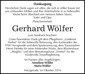 Traueranzeige von Gerhard Wölfer von Mitteldeutsche Zeitung Quedlinburg