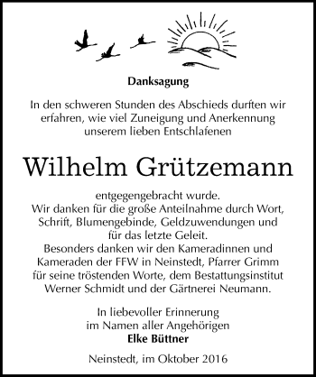 Traueranzeige von Wilhelm Grützemann von Mitteldeutsche Zeitung Quedlinburg