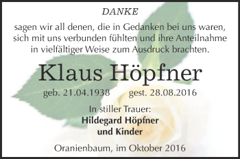 Traueranzeige von Klaus Höpfner von Super Sonntag Wittenberg