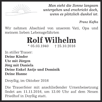 Traueranzeige von Rolf Wilhelm von Super Sonntag Zeitz