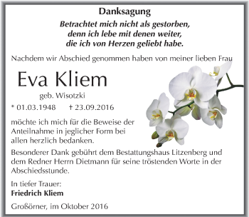 Traueranzeige von Eva Kliem von Mitteldeutsche Zeitung Mansfelder Land