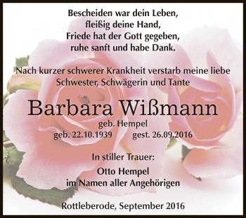 Traueranzeige von Barbara Wißmann von Super Sonntag SGH Mansf. Land