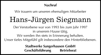 Traueranzeige von Hans-Jürgen Siegmann von Mitteldeutsche Zeitung Sangerhausen
