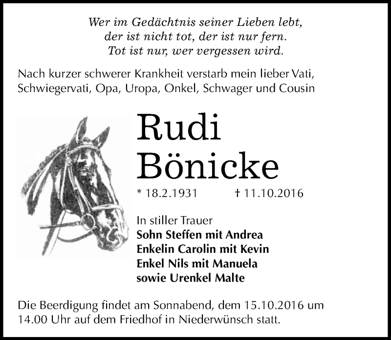  Traueranzeige für Rudi Bönicke vom 13.10.2016 aus Mitteldeutsche Zeitung Merseburg/Querfurt