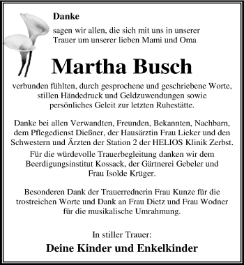 Traueranzeige von Martha Busch von Mitteldeutsche Zeitung Dessau-Roßlau