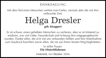 Traueranzeige von Helga Dresler von Super Sonntag SGH Mansf. Land