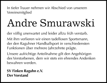 Traueranzeige von Andre Smurawski von WVG - Wochenspiegel Bitterfeld