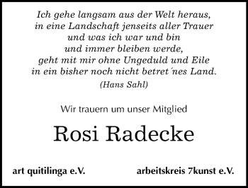 Traueranzeige von Rosi Radecke von Mitteldeutsche Zeitung Quedlinburg