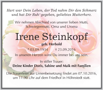 Traueranzeige von Irene Steinkopf von Mitteldeutsche Zeitung Halle/Saalkreis