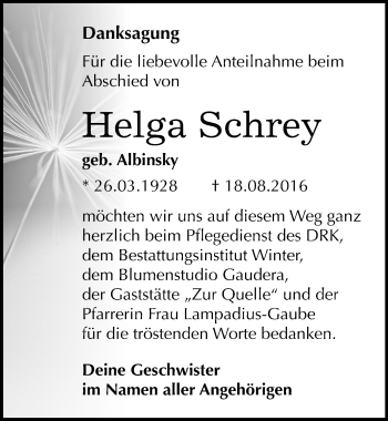 Traueranzeige von Helga Schrey von Mitteldeutsche Zeitung Bitterfeld