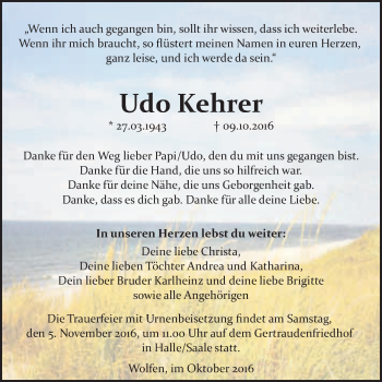 Traueranzeige von Udo Kehrer von WVG - Wochenspiegel Bitterfeld