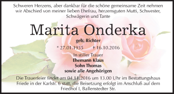 Traueranzeige von Marita Onderka von Mitteldeutsche Zeitung Dessau-Roßlau