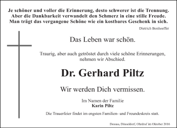 Traueranzeige von Gerhard Piltz von WVG - Wochenspiegel Dessau / Köthen