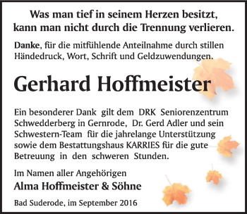 Traueranzeige von Gerhard Hoffmeister von Mitteldeutsche Zeitung Quedlinburg