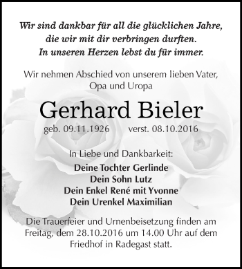 Traueranzeige von Gerhard Bieler von WVG - Wochenspiegel Dessau / Köthen