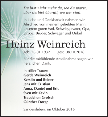 Traueranzeige von Heinz Weinreich von Mitteldeutsche Zeitung Mansfelder Land