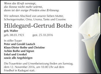 Traueranzeige von Hildegard-Gertrud Bothe von WVG - Wochenspiegel Dessau / Köthen