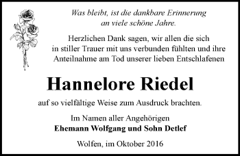 Traueranzeige von Hannelore Riedel von Mitteldeutsche Zeitung Bitterfeld