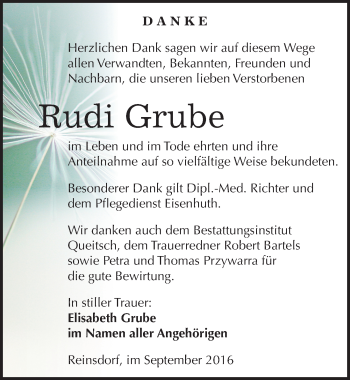 Traueranzeige von Rudi Grube von Mitteldeutsche Zeitung Köthen