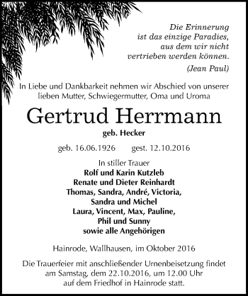 Traueranzeige von Gertrud Herrmann von Mitteldeutsche Zeitung Sangerhausen