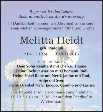 Traueranzeige von Melitta Heidt von Mitteldeutsche Zeitung Bitterfeld