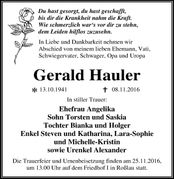 Traueranzeige von Gerald Hauler von Mitteldeutsche Zeitung Dessau-Roßlau