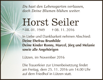 Traueranzeige von Horst Seiler von WVG - Wochenspiegel NMB / WSF / ZTZ