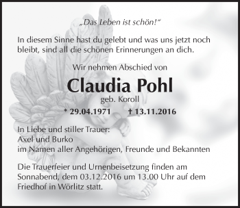 Traueranzeige von Claudia Pohl von Mitteldeutsche Zeitung Dessau-Roßlau
