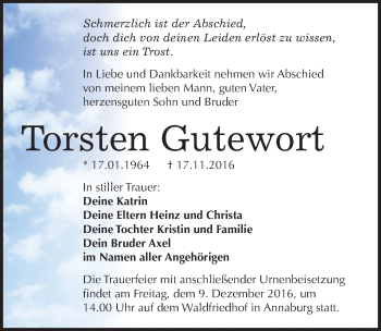 Traueranzeige von Torsten Gutewort von Mitteldeutsche Zeitung Wittenberg