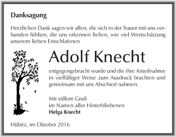 Traueranzeige von Adolf Knecht von Wochenspiegel Mansfelder Land