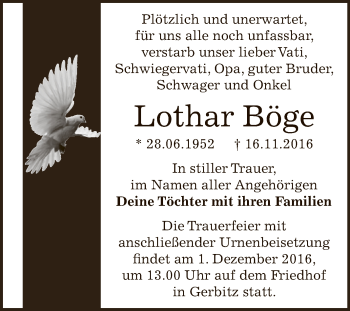 Traueranzeige von Lothar Böge von Super Sonntag Bernburg