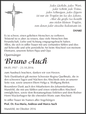 Traueranzeige von Bruno Auch von Wochenspiegel Mansfelder Land