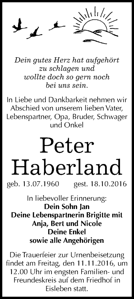  Traueranzeige für Peter Haberland vom 02.11.2016 aus Mitteldeutsche Zeitung Mansfelder Land
