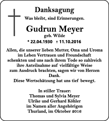 Traueranzeige von Gudrun Meyer von WVG - Wochenspiegel Bitterfeld