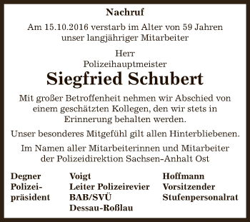 Traueranzeige von Siegfried Schubert von Super Sonntag Dessau / Köthen