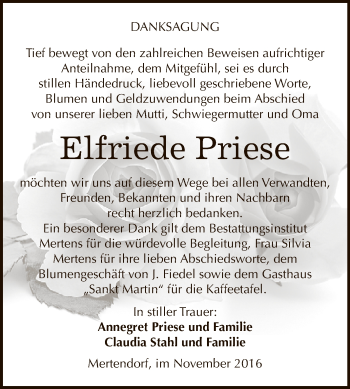 Traueranzeige von Elfriede Priese von WVG - Wochenspiegel NMB / WSF / ZTZ