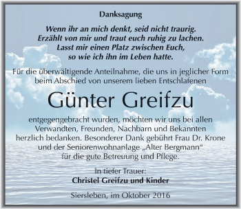 Traueranzeige von Günter Greifzu von Mitteldeutsche Zeitung Mansfelder Land